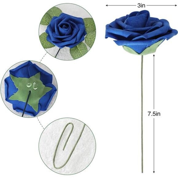 Artificial Flower Royal Blue Rose 25pcs Real Looking Fake Roses w/Stem for DIY - Picture 6 of 6